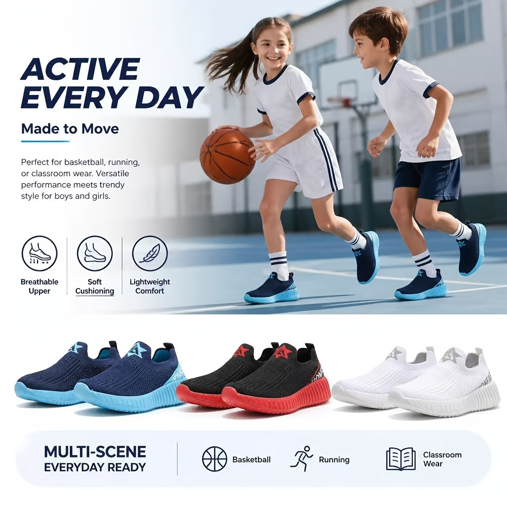 Kids Slip-On Mid-Top Sneakers for Boys and Girls, Lightweight Breathable Outdoor Play Shoes with Cushioned Sole in Toddler, Little Kid and Big Kid Sizes