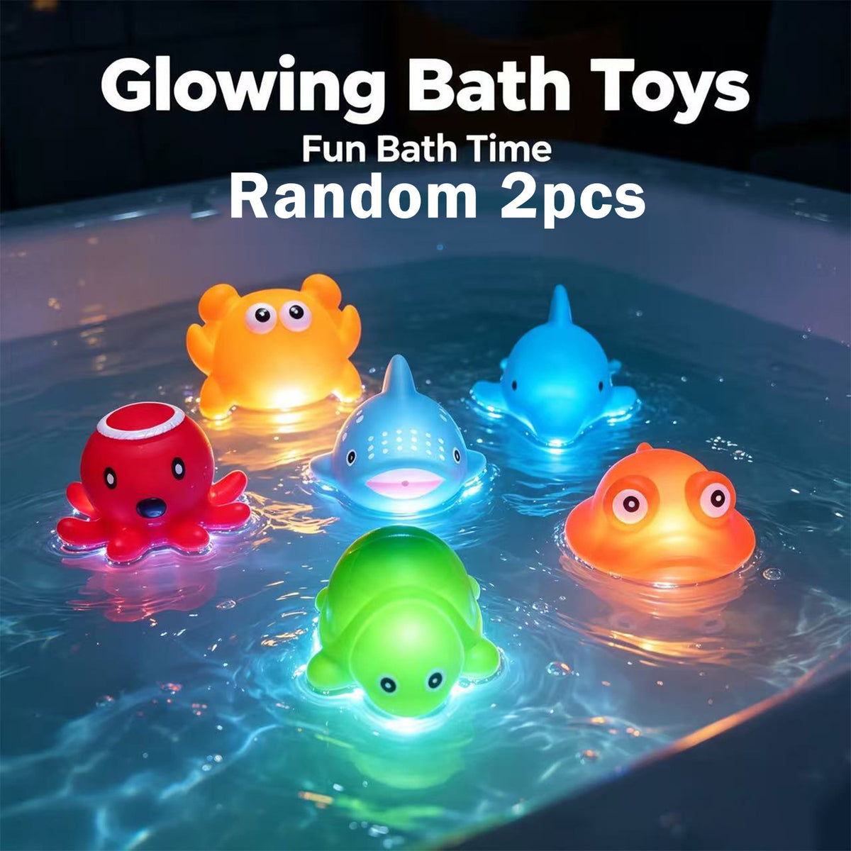 Light Up Sea Animal Bath Toys, 2-Piece No-Hole Floating Bathtub Toy Set with Colorful Glitter for Kids' Bath Time, Random Colors