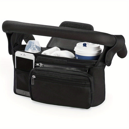 Stroller Console Bag with Dual Cup Holders, Black Hanging Organizer with Detachable Wristlet Phone Pouch and Adjustable Shoulder Strap