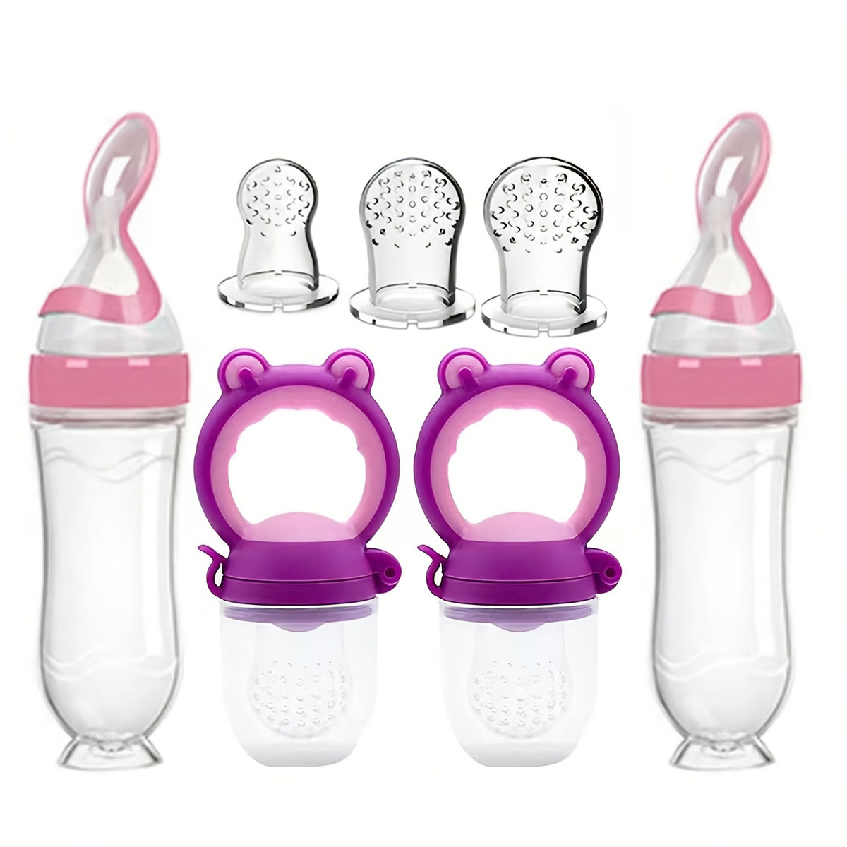 Baby Food Feeder Set, 7-Piece Silicone Squeeze Spoon Bottles and Fresh Fruit Feeders with Three Nipple Sizes for Everyday Complementary Feeding