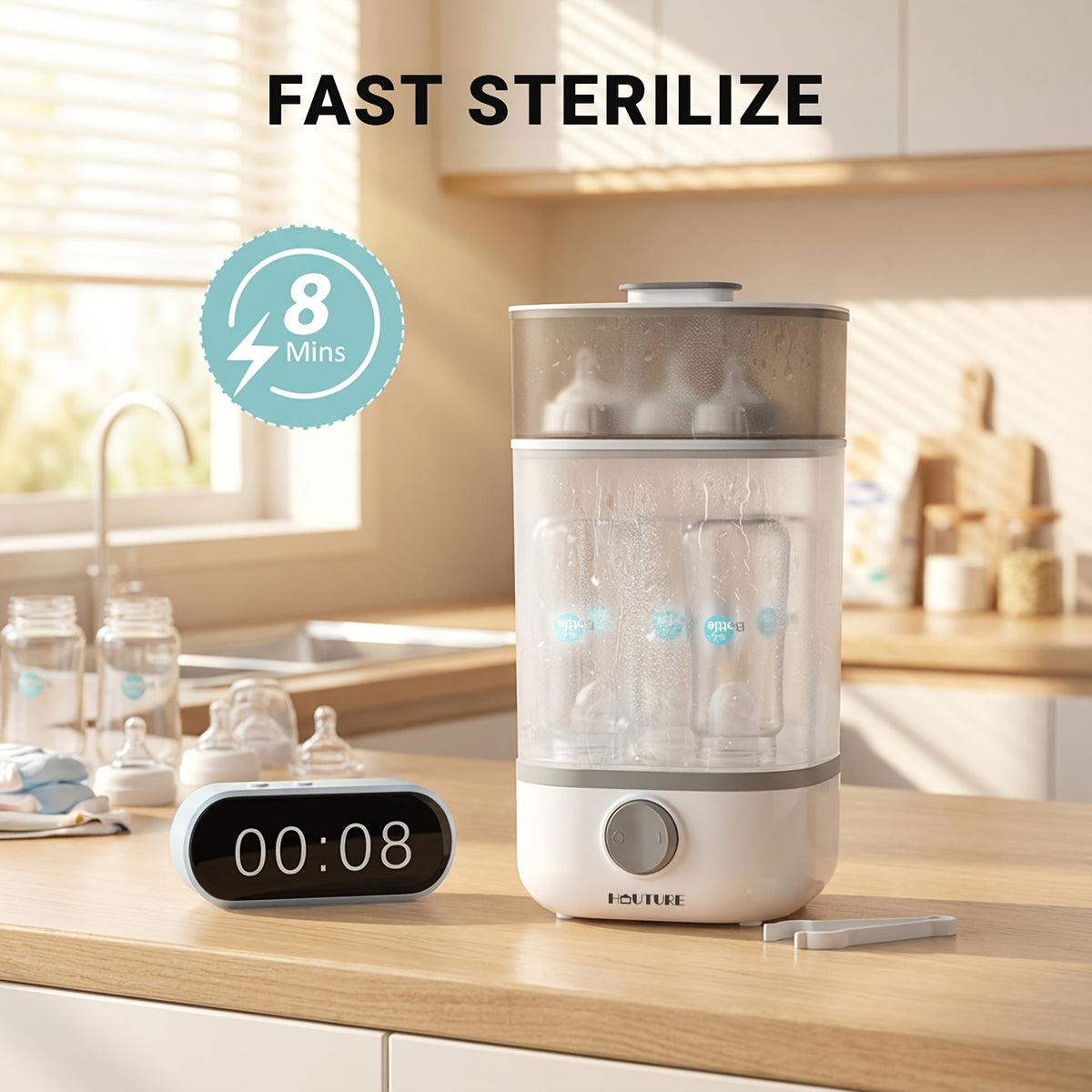 Baby Bottle Sterilizer and Dryer with One-Button Steam Operation, Countertop Feeding Accessory Organizer for Compatible Bottles and Pump Parts