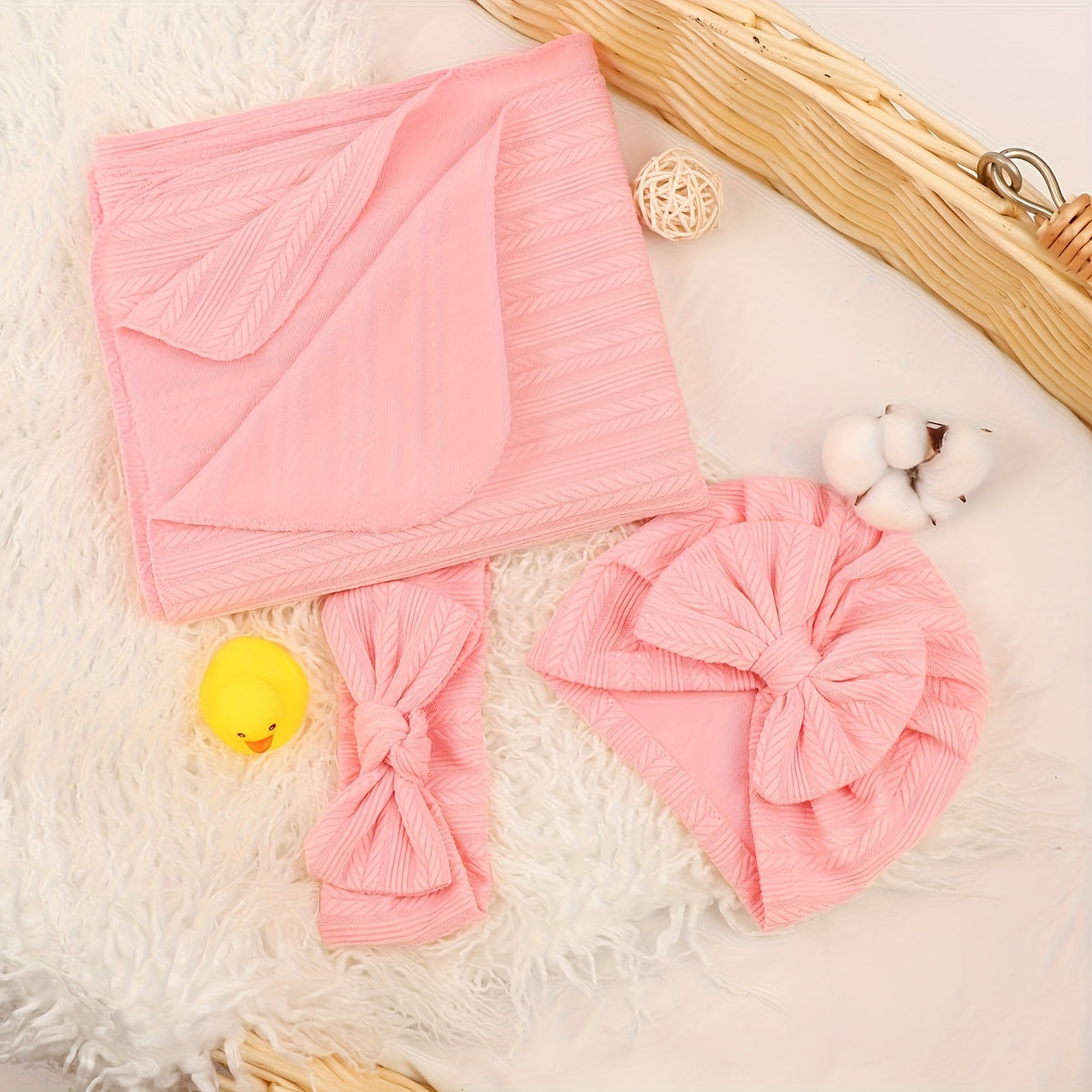 Baby Swaddle Blanket Gift Set with Matching Hat and Bow Headband, 3-Piece Newborn Wrap Accessories for Girls and Boys in Four-Season Colors