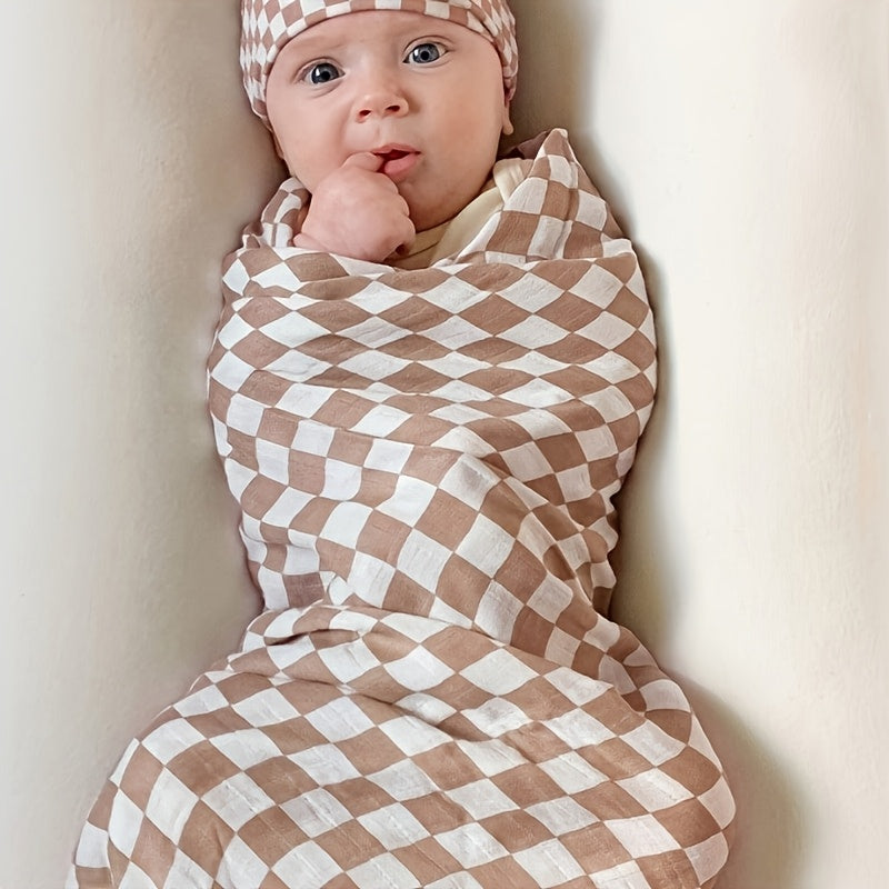 Checkered Muslin Baby Blankets, 2-Pack Ultra-Soft 40 x 40 Inch Blankets for Newborns and Toddlers, Blue & Coffee Nursery Gift Set