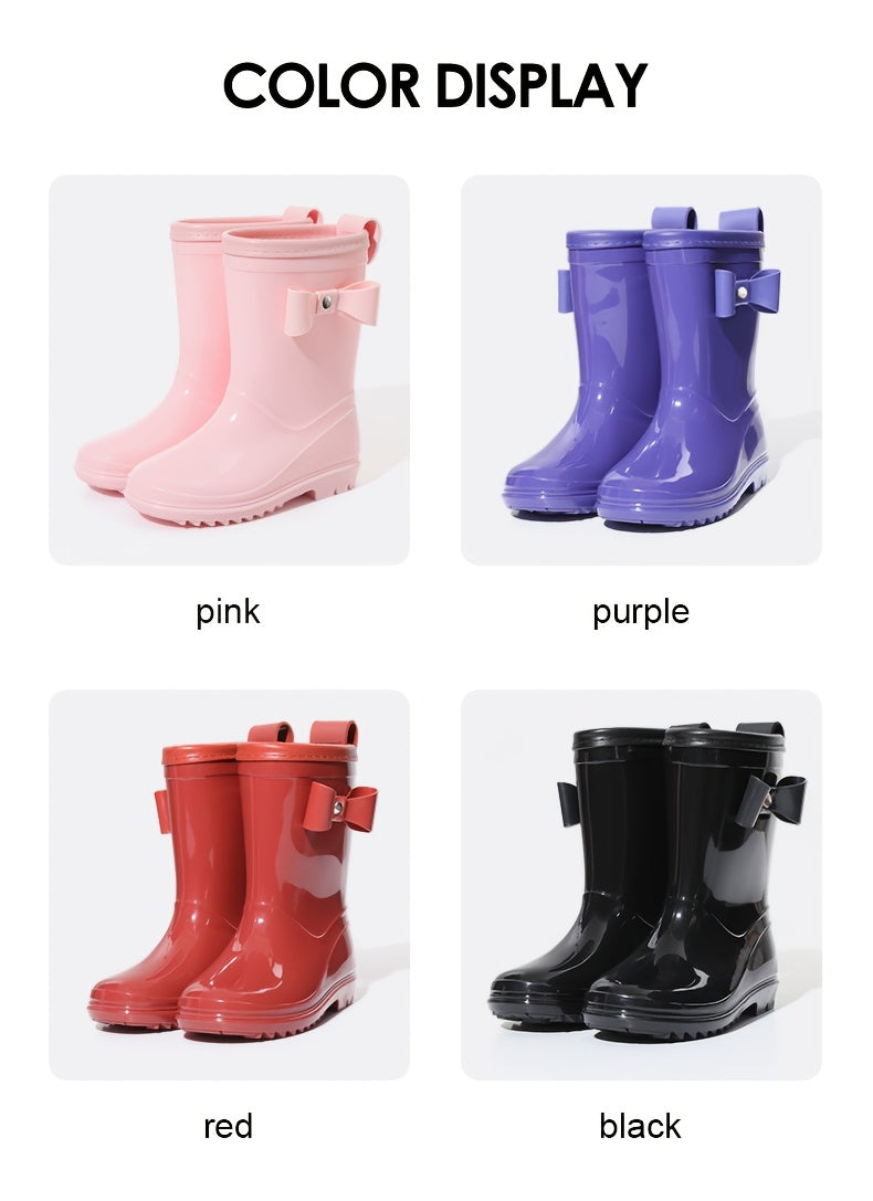 Girls Bow Rain Boots with Pull Tabs, Lightweight One-Piece Molded Toddler and Little Kid Boots in Pink, Burgundy, Dark Violet or Black for Rainy-Day Outings