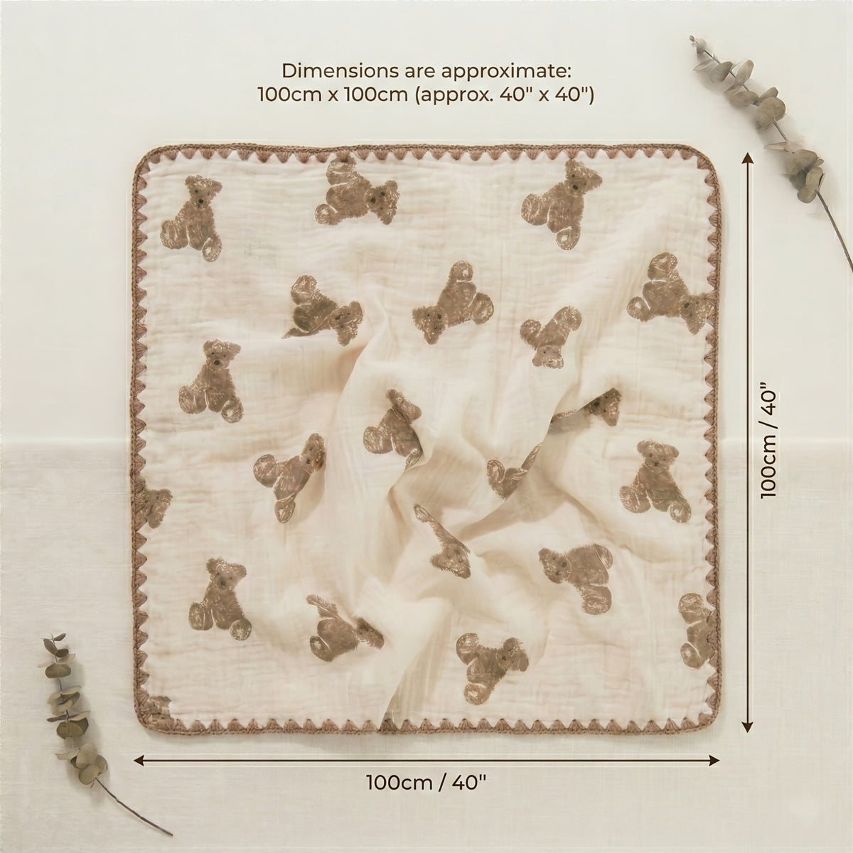 Double-Layer Baby Blanket with Cotton Gauze and Minky Dot Backing, 39.37 x 39.37 Inch Newborn Wrap in Bear, Rabbit and Dinosaur Prints