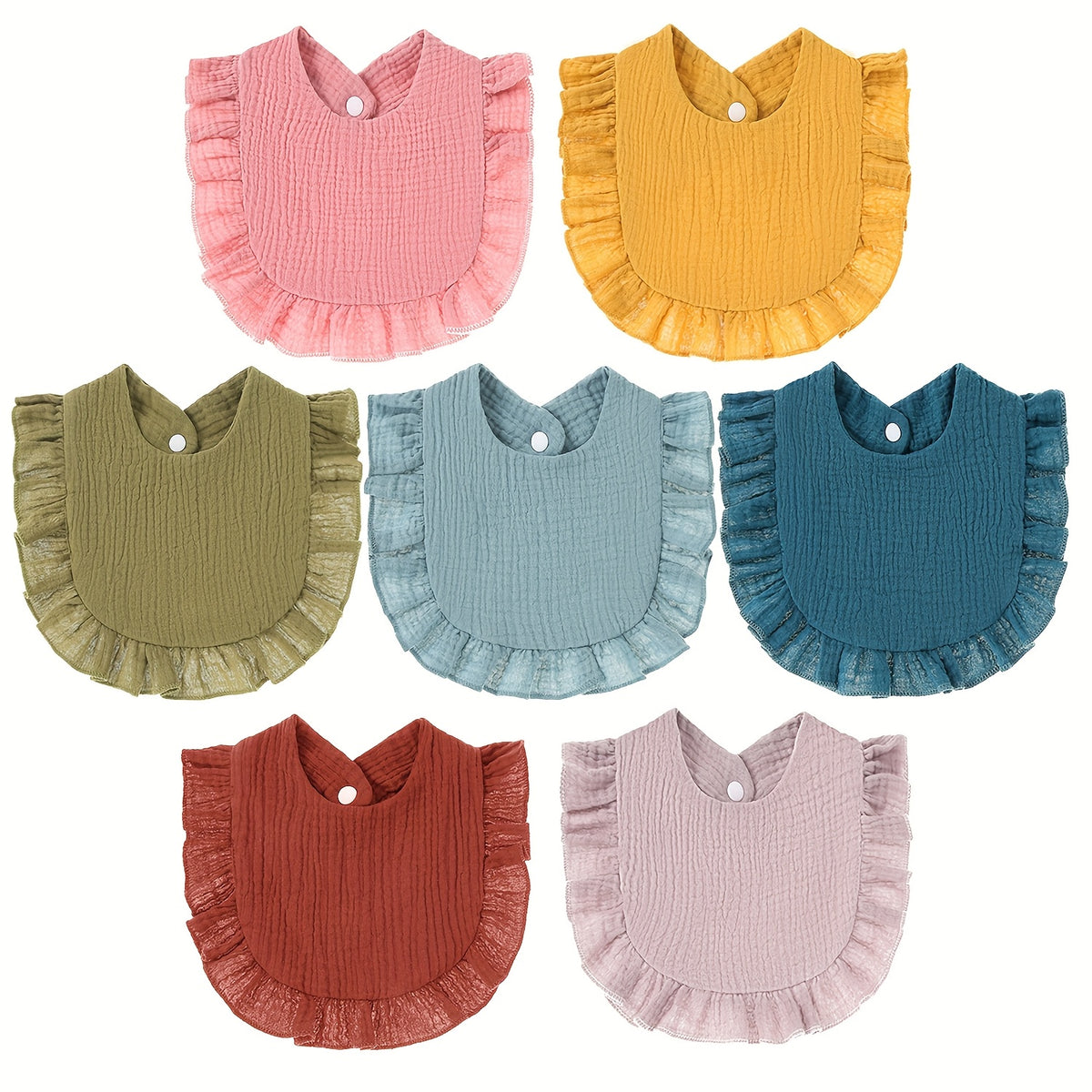 Muslin Baby Drool Bibs 7-Pack with Adjustable Snap Closure and Ruffle Trim, Soft Absorbent Feeding Bib Set in Cartoon or Mixed Pink Options