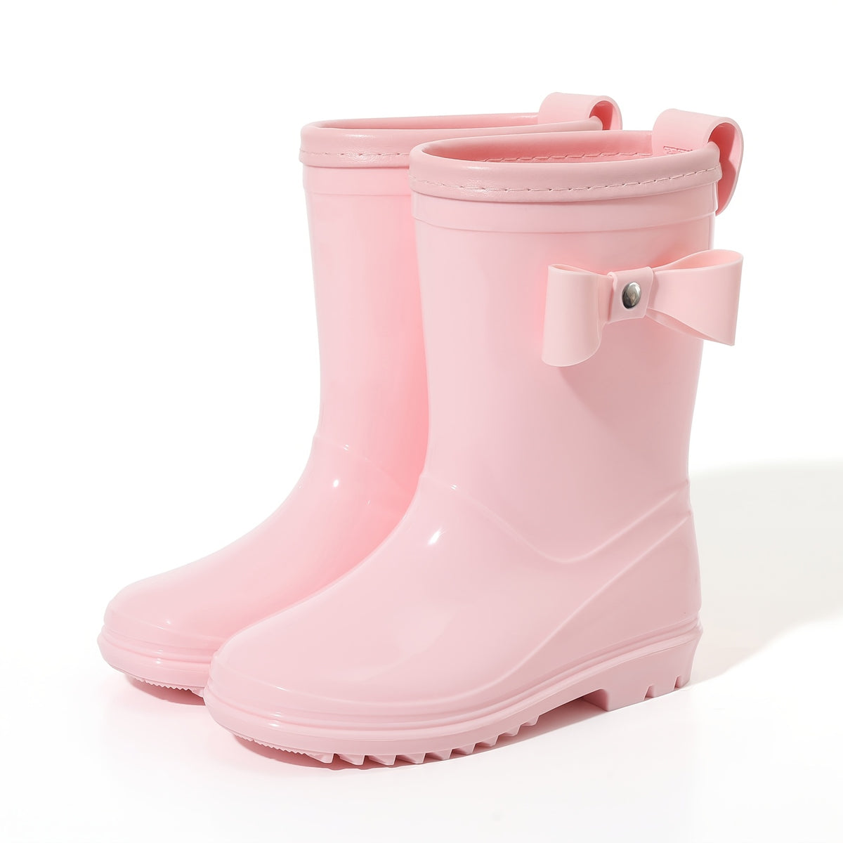 Girls Bow Rain Boots with Pull Tabs, Lightweight One-Piece Molded Toddler and Little Kid Boots in Pink, Burgundy, Dark Violet or Black for Rainy-Day Outings
