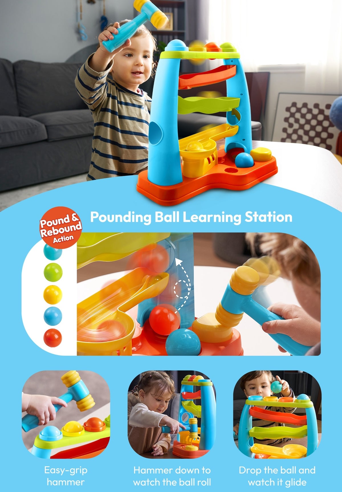Toddler Ball Drop Toy with Hammer, Four-Tier Pounding and Rolling Track with 5 Colorful Balls for Cause-and-Effect Play, Ages 18 Months and Up