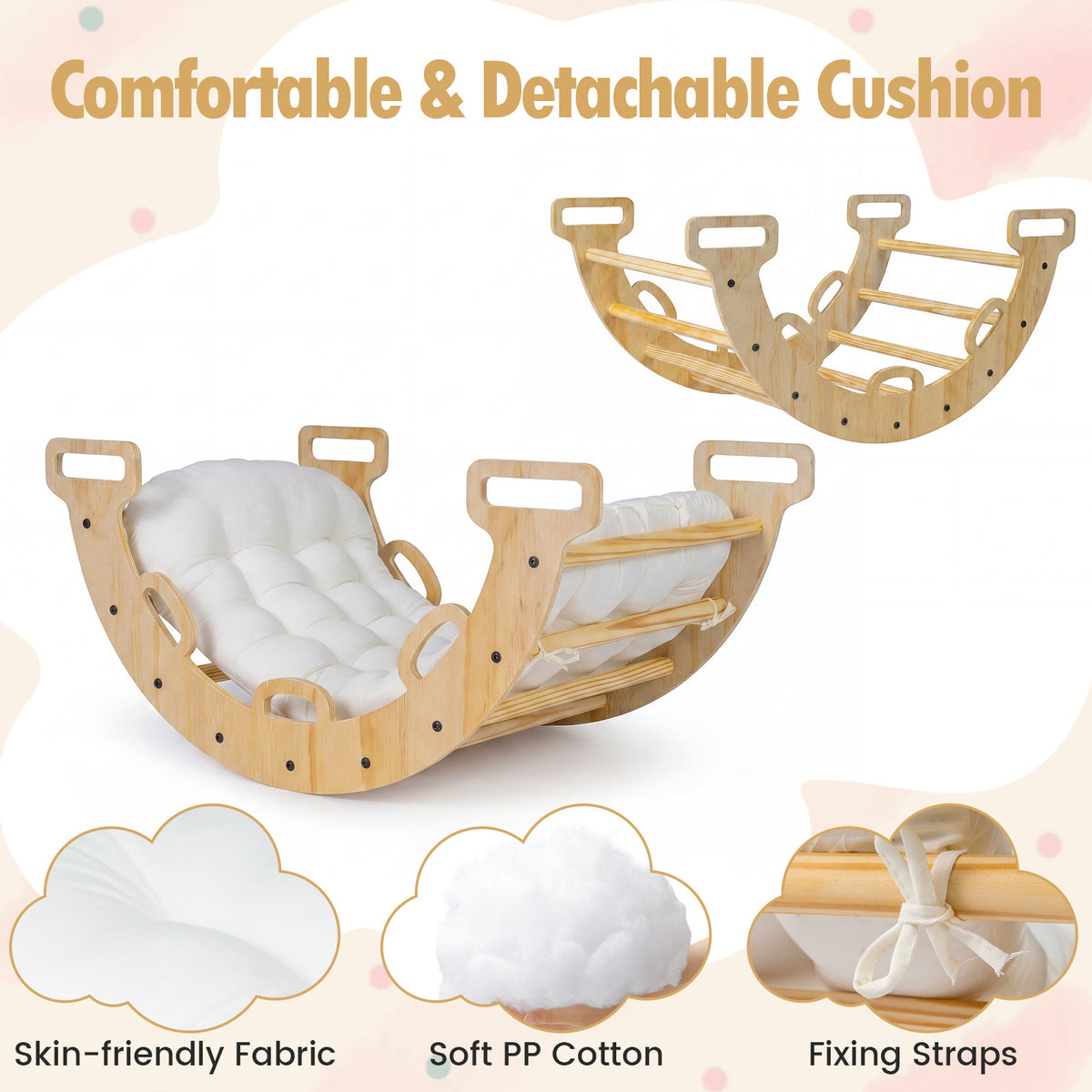 Toddler Climbing Arch and Rocker with Cushion, 3-in-1 Wooden Indoor Play Gym and Crawling Tunnel for Ages 1+, 81 cm Arch with Natural, Macaron or Multicolor Options