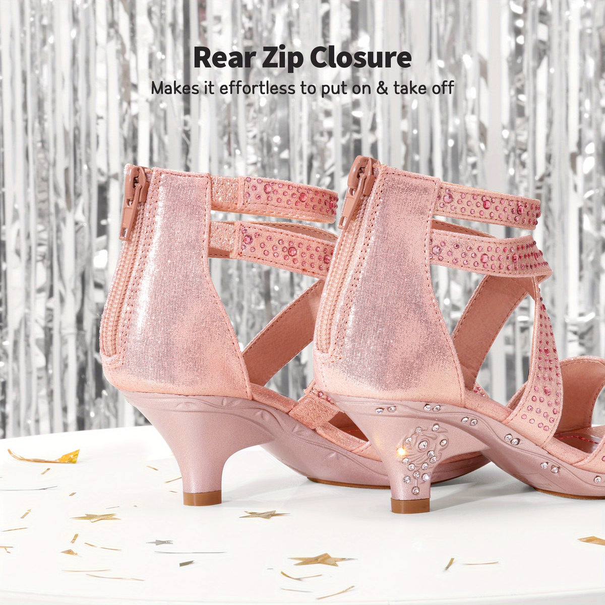 Girls Rhinestone Low Heel Sandals with Strappy Open Toe Design | Dress Shoes for Toddlers and Kids, Parties and Special Occasions