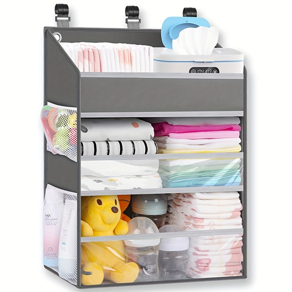 Gray Hanging Diaper Storage Caddy with Multiple Pockets, Nursery Organizer for Changing Supplies and Baby Essentials Beside a Changing Table