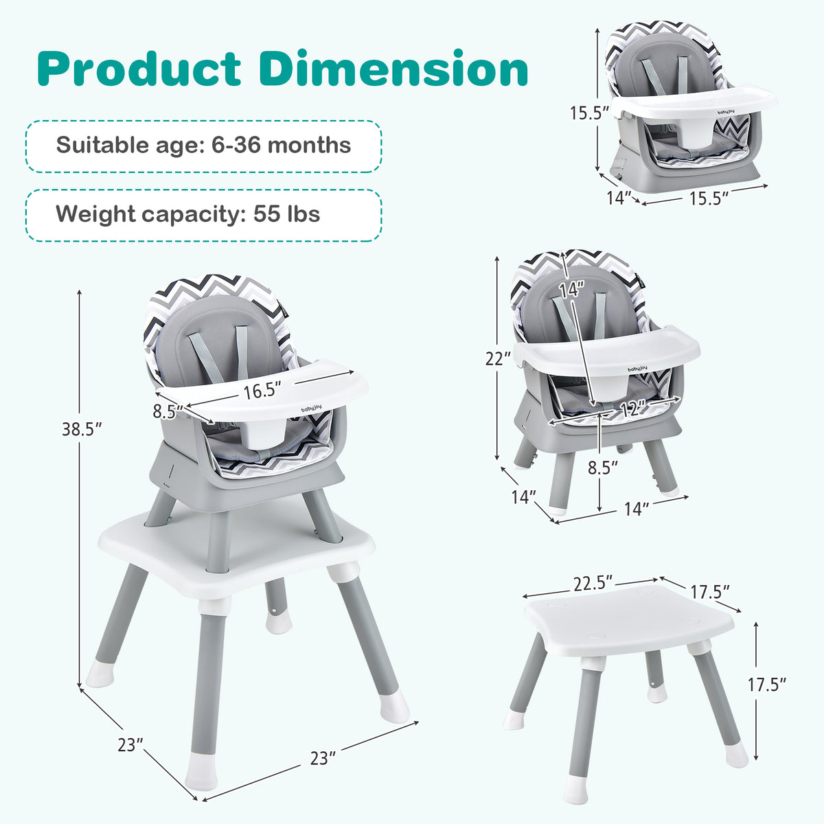 8-in-1 Baby High Chair with Activity Table, BABYJOY Convertible Feeding Seat with Removable Tray, Booster Mode and 5-Point Harness for Ages 6 Months to 6 Years