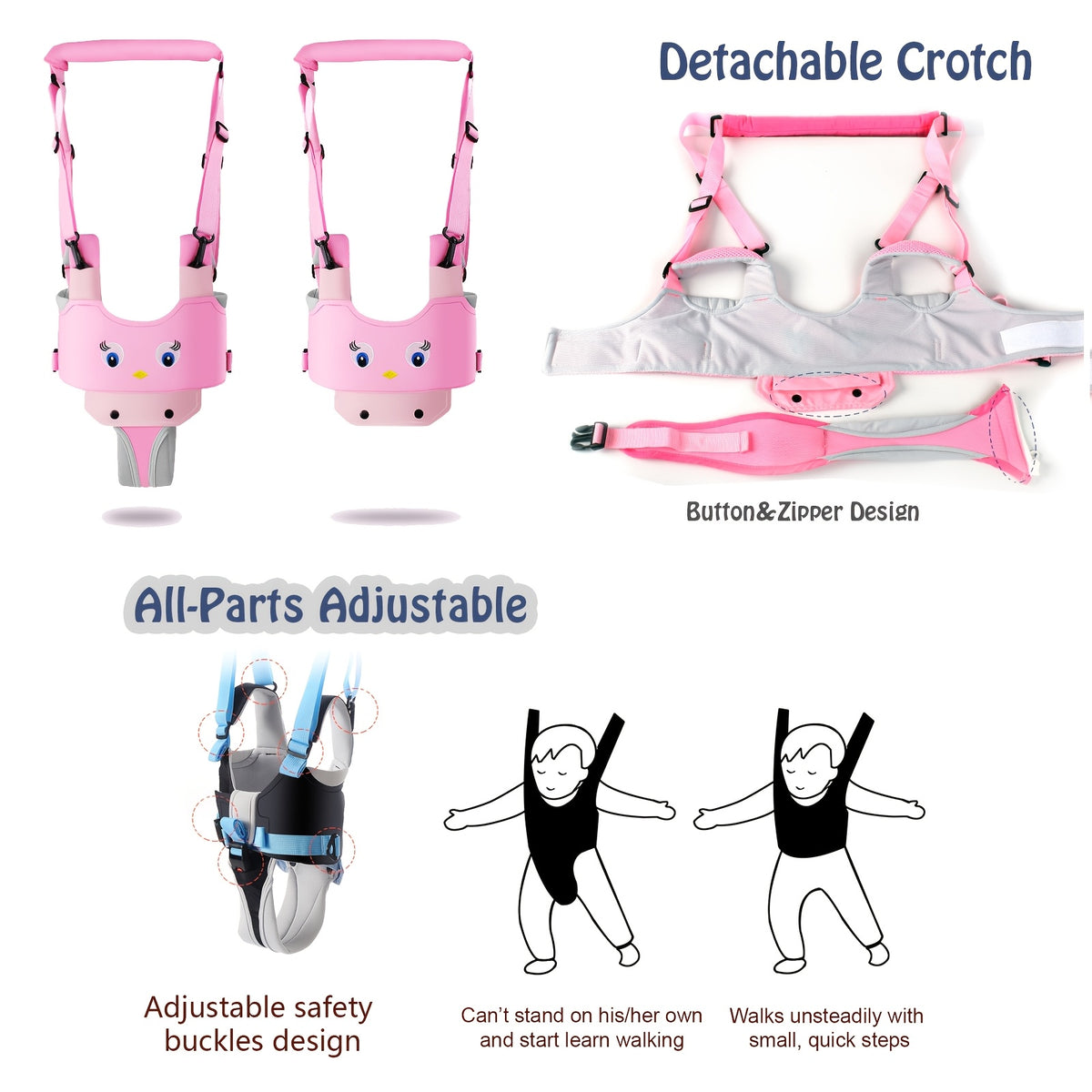 Baby Walking Aid Belt for 8-24 Months, Adjustable Pink Cartoon Toddler Support Harness for Supervised Indoor First-Step Practice