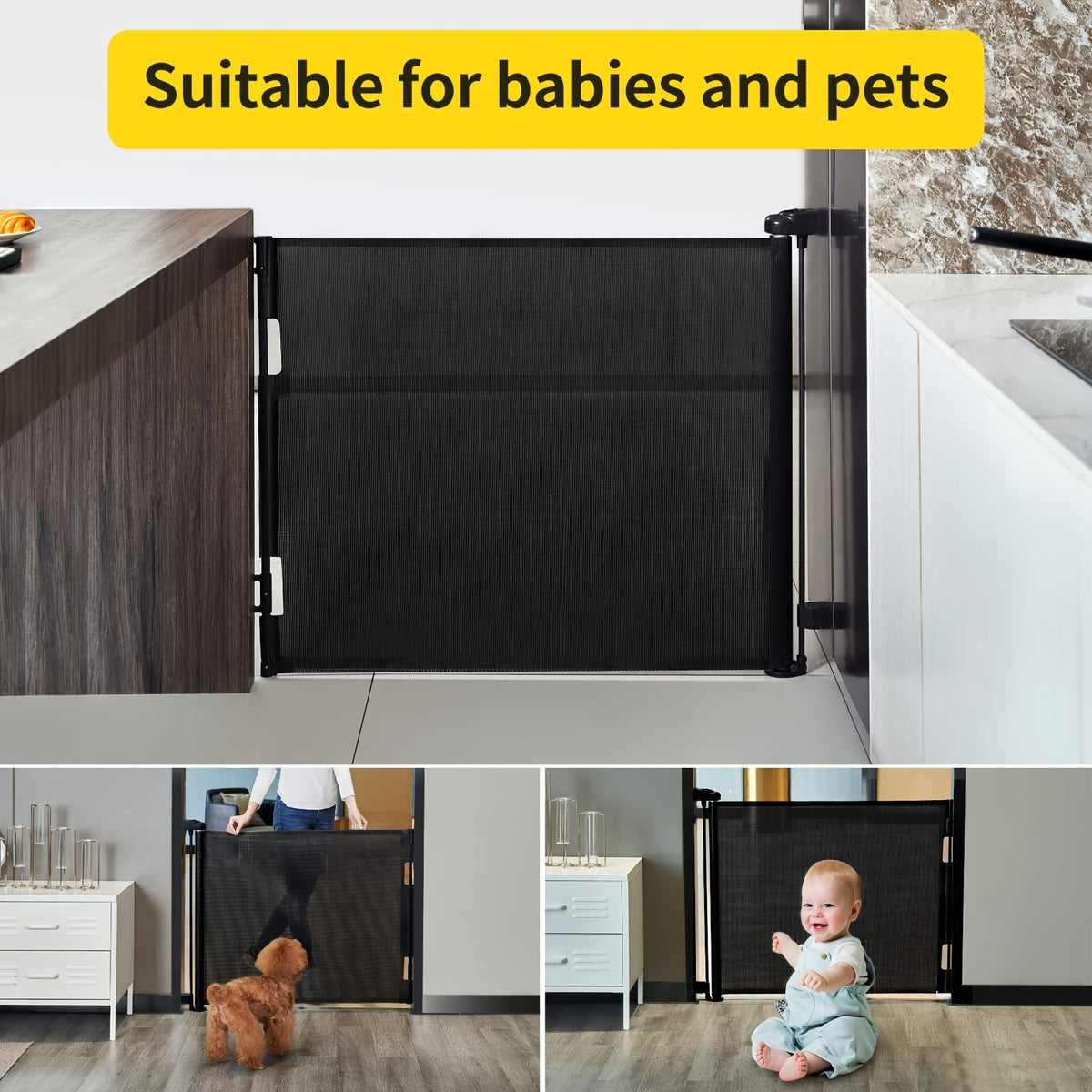Retractable Mesh Baby Gate for Doorways, Hallways and Stairs, VERASTE Hardware-Mounted Expandable Barrier in 33-Inch and 41-Inch Height Options