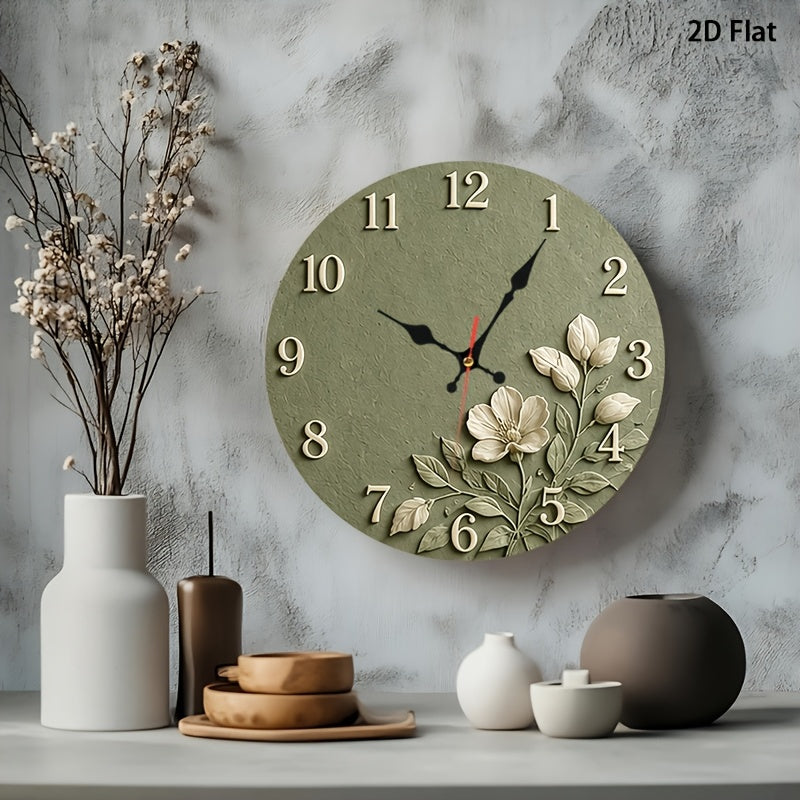 Sage Green Floral Nursery Wall Clock, Silent Non-Ticking 12-Inch Round Battery-Powered Baby Room Decor for Bedroom, Playroom or Classroom