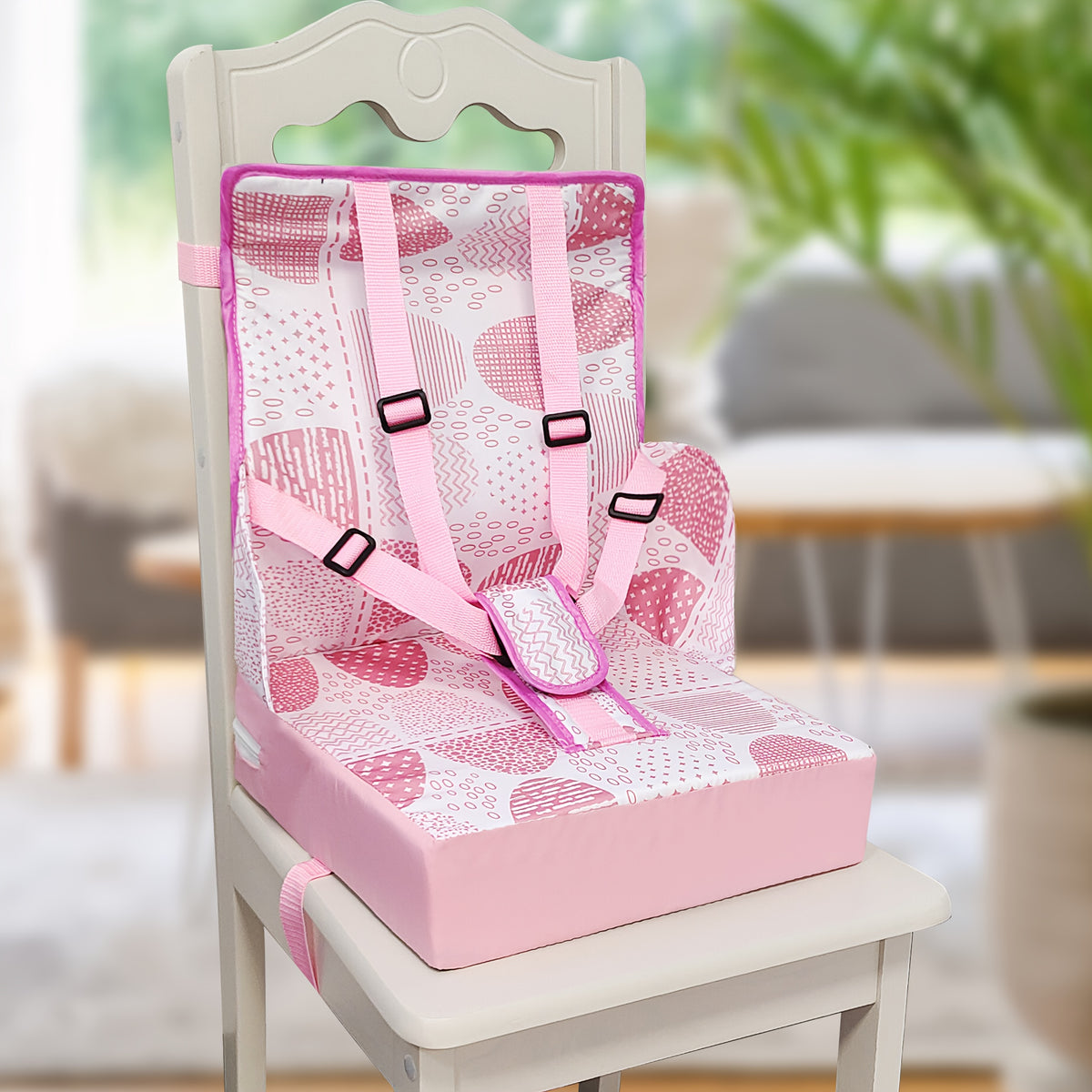 Kids Dining Chair Cushion with Backrest and Adjustable Straps, Foldable Oxford Cloth Seat Pad with Removable Washable Cover for Home and Travel
