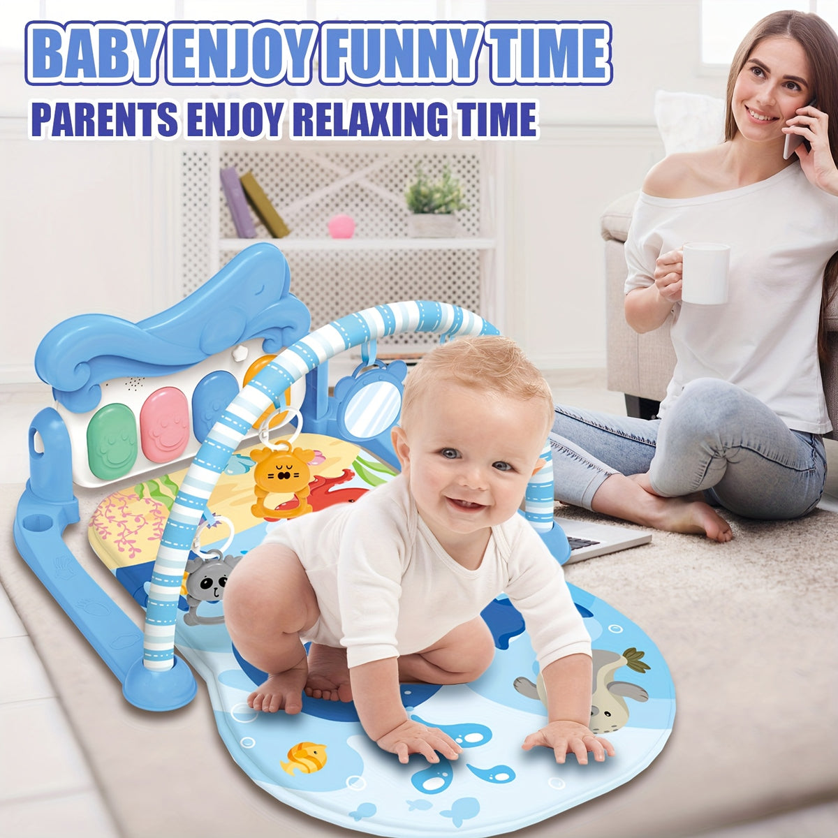 Kick and Play Piano Baby Activity Mat in Blue with Light-Up Keys, 4 Detachable Sensory Toys and Mirror for Newborn Tummy Time and Floor Play