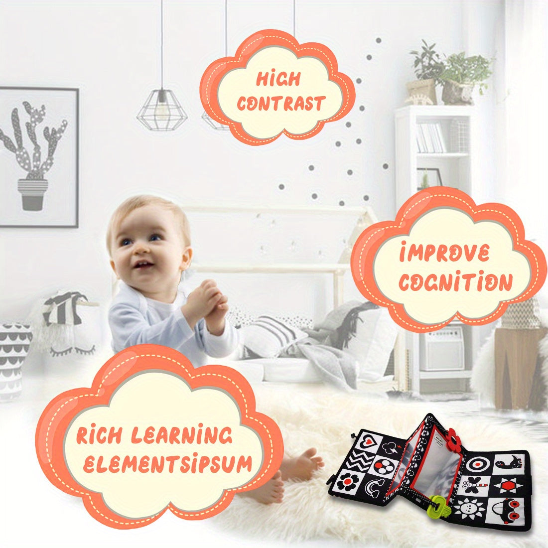 Tummy Time Baby Mirror with Teethers, Double-Sided High-Contrast Animal and Geometric Activity Toy for Supervised Sensory Floor Play
