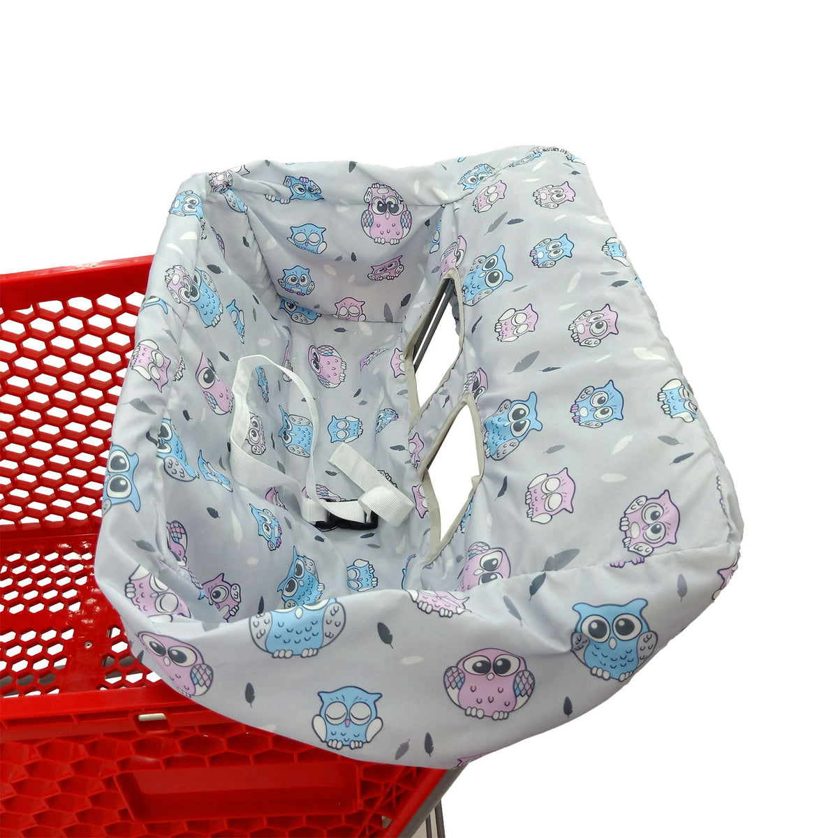 Padded Baby High Chair and Shopping Cart Seat Cover, Machine-Washable Portable Cushion with Attached Storage Bag in Grey Flower or Blue Owl