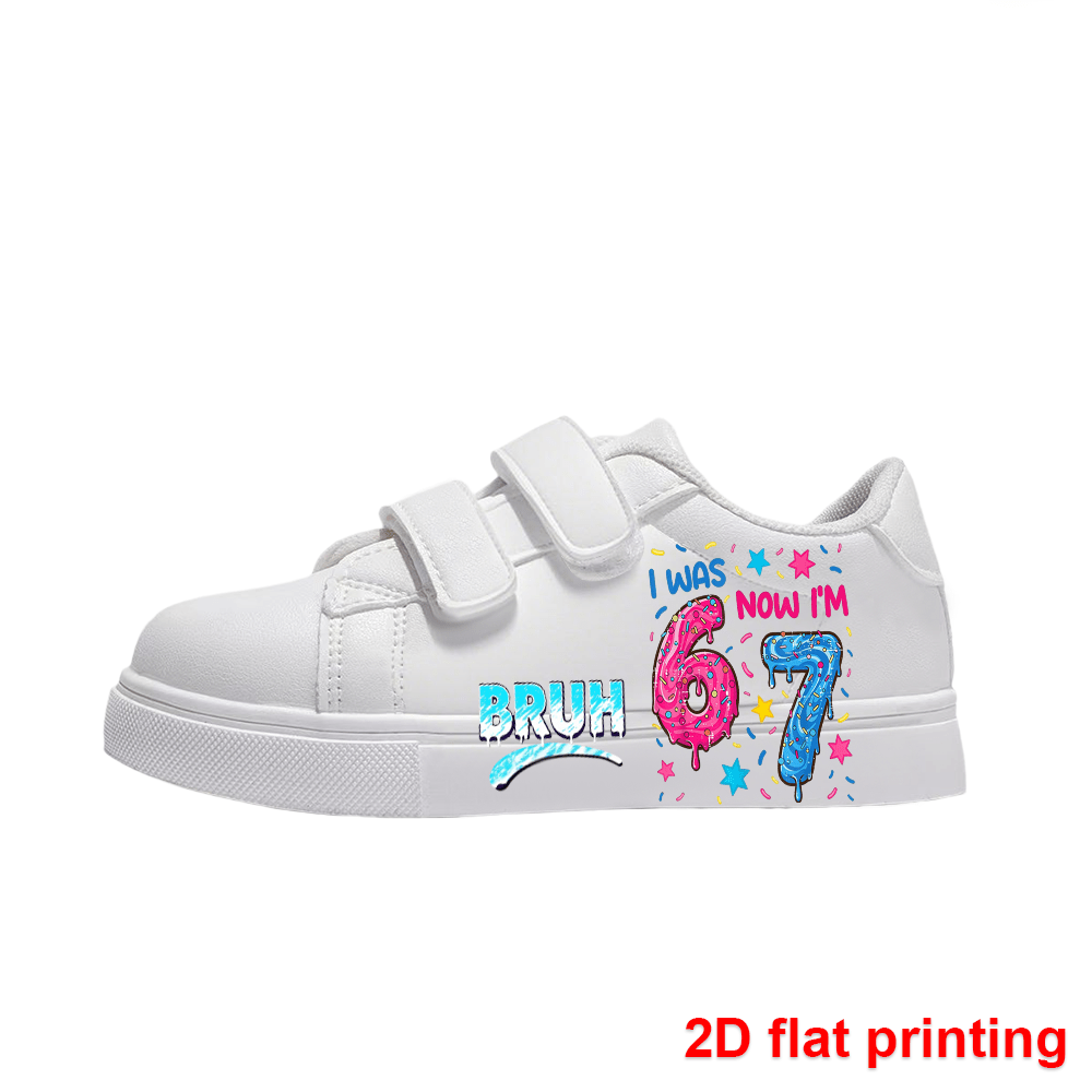 Kids Birthday Sneakers with I Was 6 Now I'm 7 Print, White Low-Top Triple-Strap Cartoon Shoes for Boys and Girls, Party Outfits and Everyday Casual Wear