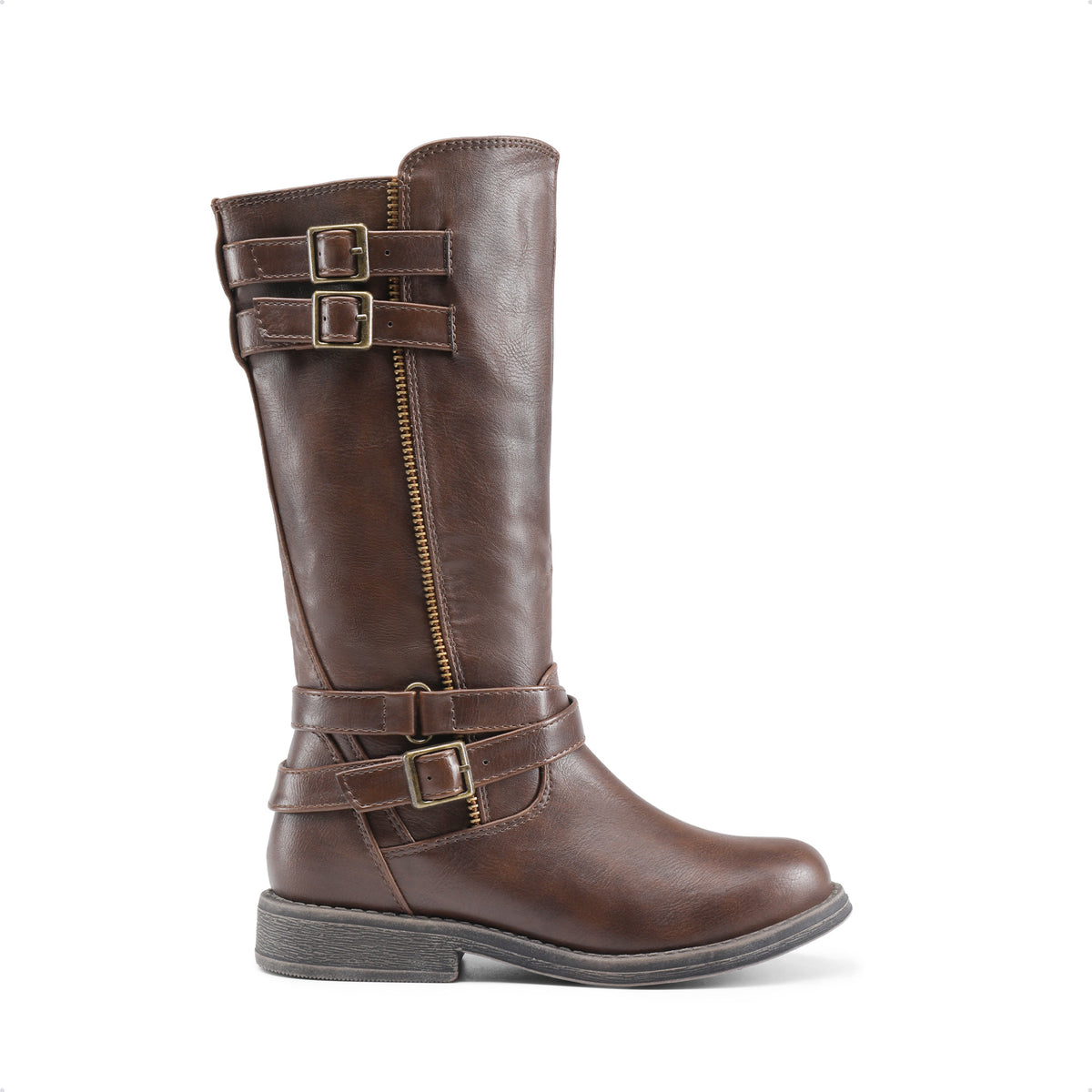 Girls' Buckle Knee-High Winter Boots with Classic Riding Style, Fabric Lining and PU Insole for Toddler, Little Kid & Big Kid, Black, Dark Brown or Sepia
