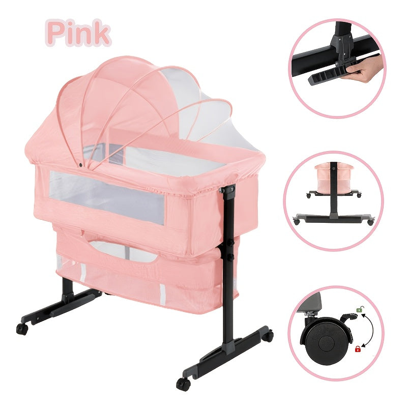 3-in-1 Mesh Bedside Sleeper Bassinet for Baby, Adjustable Infant Crib with Wheels and Storage Basket, 16 lb Frame and 33 lb Listed Infant Weight Limit