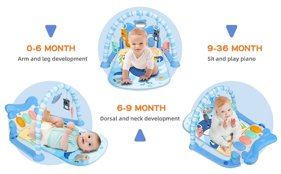 Kick and Play Piano Baby Activity Mat in Blue with Light-Up Keys, 4 Detachable Sensory Toys and Mirror for Newborn Tummy Time and Floor Play