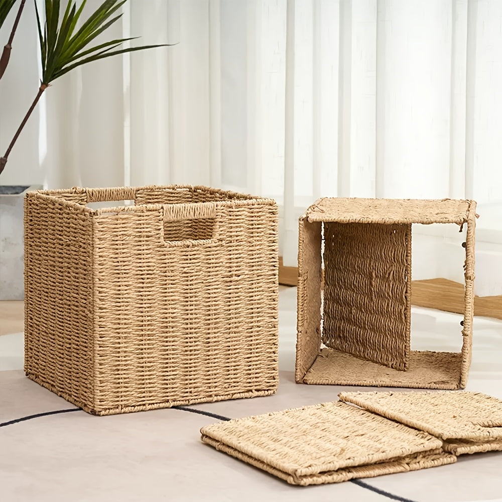 Paper Rope Storage Baskets with Handles, Foldable Handwoven 11 x 11 x 11 Inch Shelf Organizer Cubes for Nursery, Bedroom or Living Room