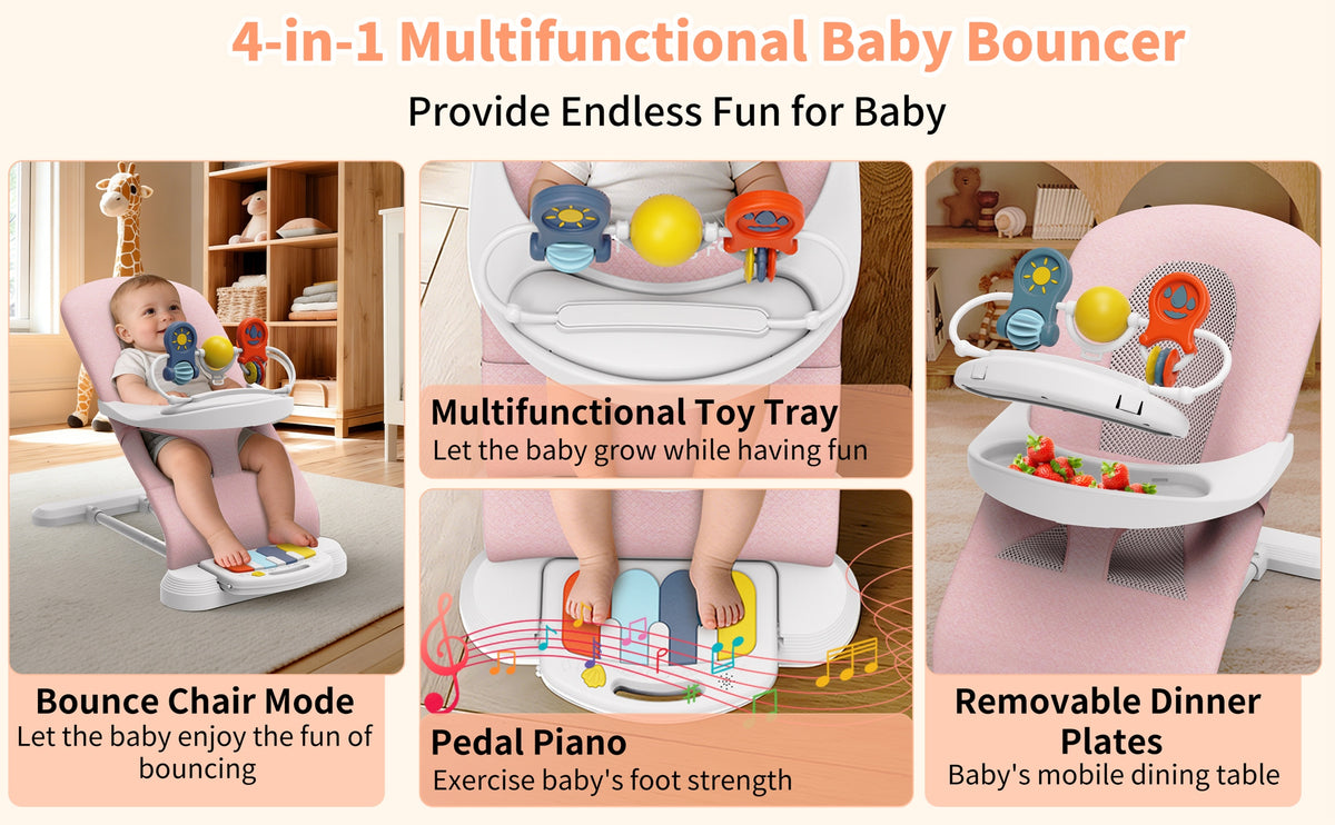 Piano Baby Bouncer and Rocker, 3-in-1 Portable Seat with Detachable Keyboard, Feeding Tray, Play Bar and Three Adjustable Incline Positions