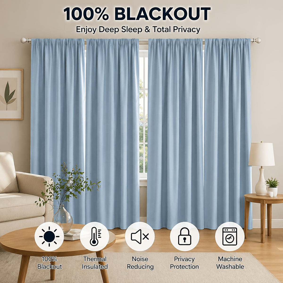 Blue Nursery Blackout Curtains 4-Panel Set, 52 x 63 Inch Coated-Lining Window Drapes with Four Hanging Methods for Bedroom Privacy