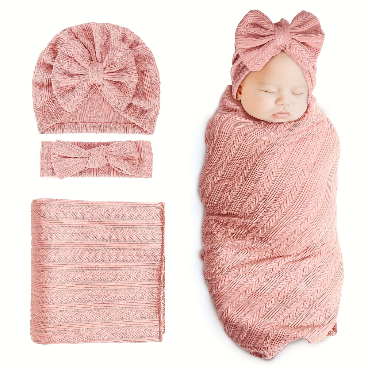 Baby Swaddle Blanket Gift Set with Matching Hat and Bow Headband, 3-Piece Newborn Wrap Accessories for Girls and Boys in Four-Season Colors
