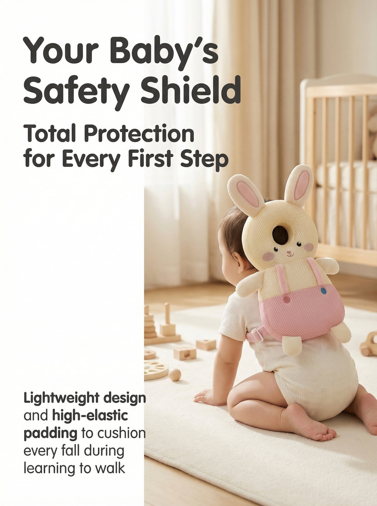 Plush Baby Head Cushion Backpack with Astronaut, Pink Rabbit or Brown Bear Design, Adjustable Straps for Supervised Crawling and First Steps