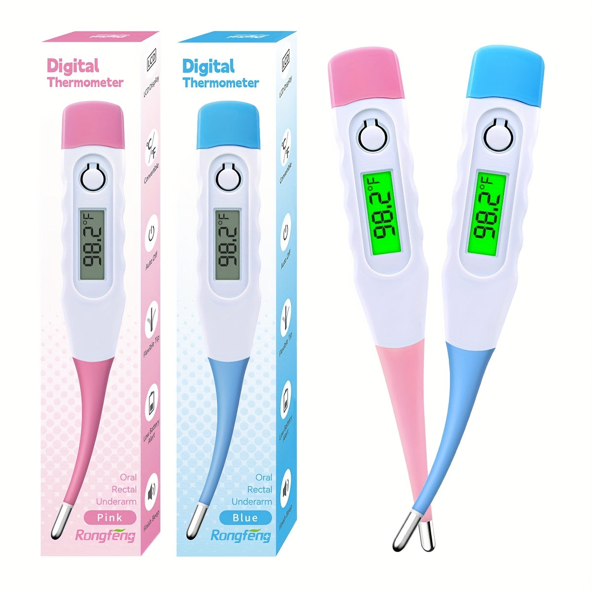 Digital Infant Thermometer 2-Pack with Fever Alert, Curved Probe and LED Display, Oral & Rectal Baby Thermometers in Blue and Pink, Celsius/Fahrenheit Switchable