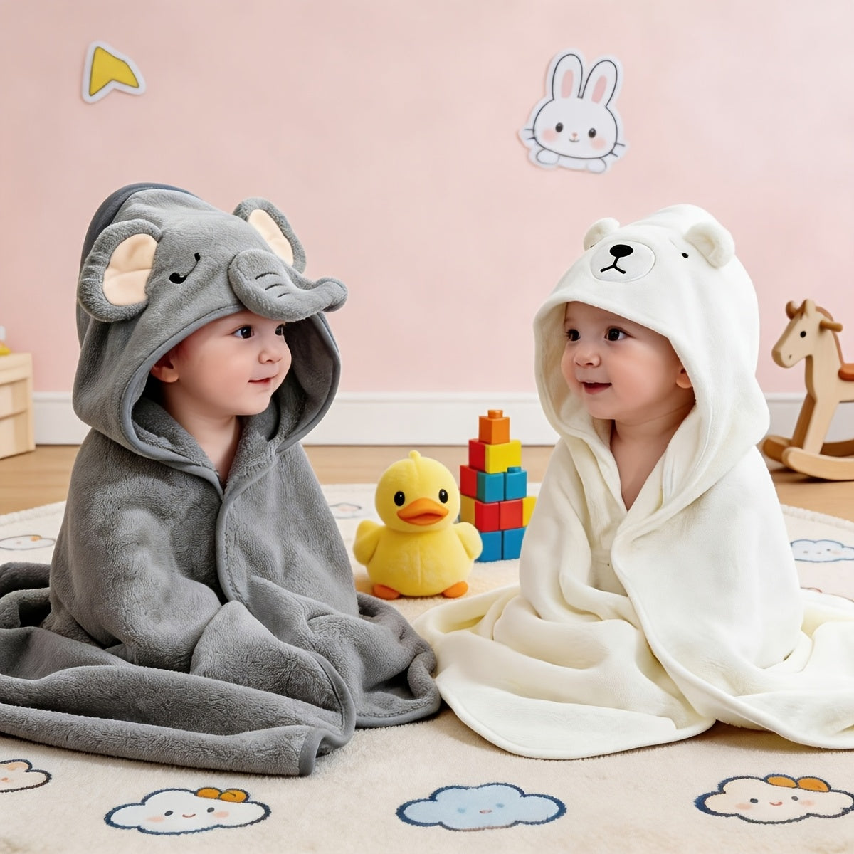 Baby Bath Towels and Swaddle Wraps for Newborns and Toddlers, Soft Absorbent Dual-Purpose Printed Towels in Two-Piece Color Sets