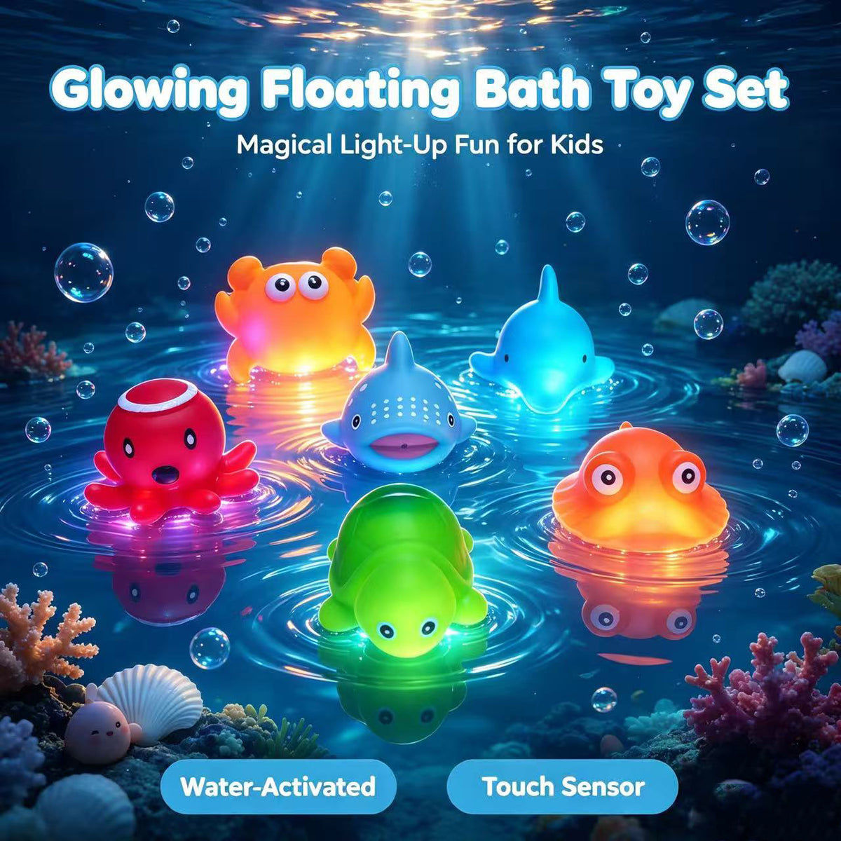 Light Up Sea Animal Bath Toys, 2-Piece No-Hole Floating Bathtub Toy Set with Colorful Glitter for Kids' Bath Time, Random Colors