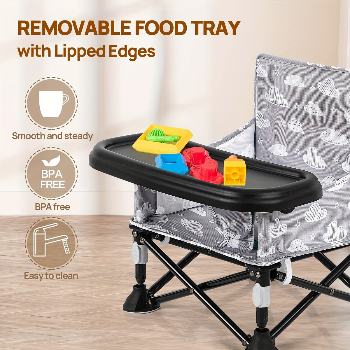 Baby Travel Dining Chair with Tray, Portable Folding Feeding Seat with Kitchen Chair Attachment Straps for Indoor Meals and Outdoor Outings