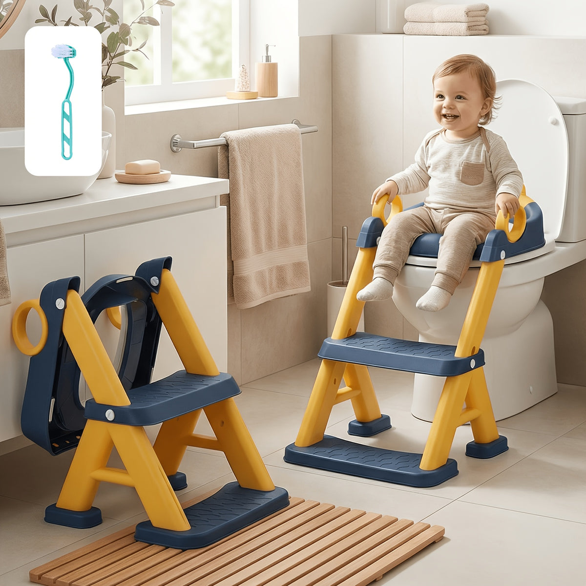 Toddler Potty Training Seat with Non-Slip Step Stool, 2-in-1 Toilet Seat for Boys and Girls with PVC Mat and Cleaning Brush, Blue Pink or Gray