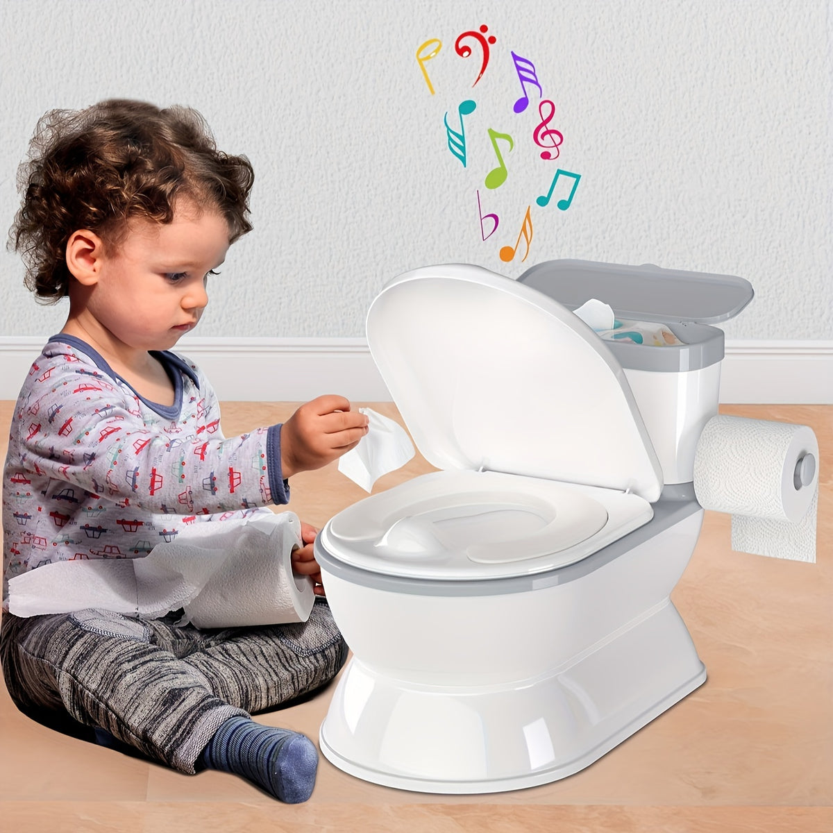 Realistic Flush Sound Potty Training Toilet 2-in-1 with Removable Training Seat, Storage Bin, Flip-Up Lid and Toilet Paper Holder, Self-Contained Kids Bathroom System for Toddlers 1-3 Years, Grey