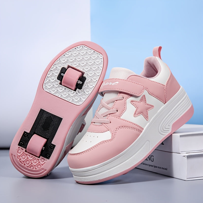 Kids Roller Skates with Buckle Closure and Dual-Wheel Design, Pink or Black Skate Shoes for Indoor and Outdoor Practice, Little and Big Kid Sizes