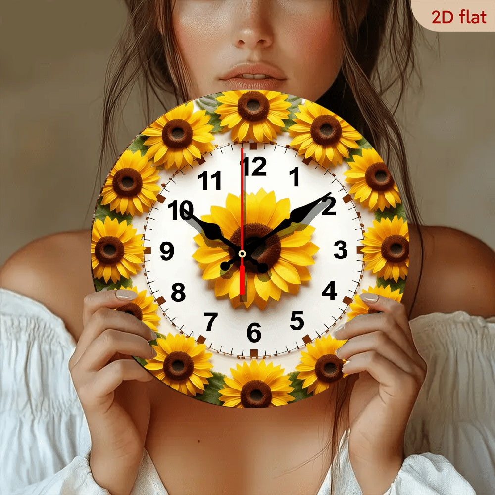 Sunflower Nursery Wall Clock, 10 x 10 Inch Silent Non-Ticking Battery Clock with Wood Frame for Baby Room, Bedroom or Playroom Decor