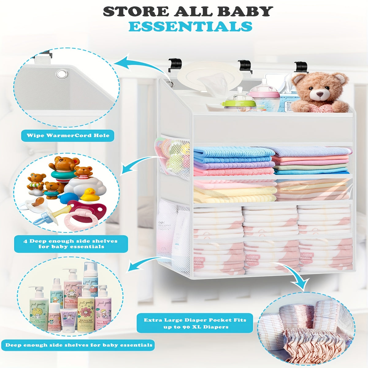 Multi-Pocket Nursery Diaper Organizer, Hanging Polyester Diaper Caddy for Changing Supplies, Easy-Access Baby Storage for Everyday Diaper Changes