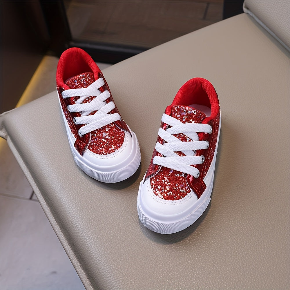 Kids Glitter Lace-Up Sneakers in Red, Low-Top Sequin Skate-Style Shoes with Soft Breathable Lining for School Outfits, Parties and Spring Fall Casual Wear