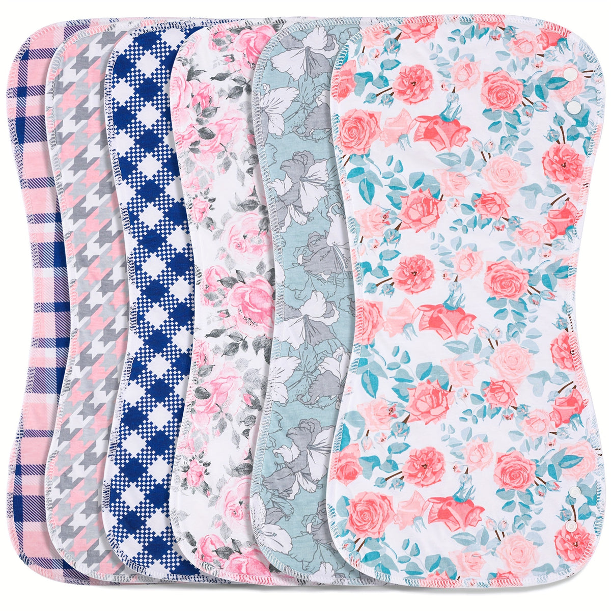 Snap-Closure Baby Burp Cloth Set, 6-Piece Large 3-Layer Absorbent Spit-Up Rags in Rose and Pink Polka Dots for Feeding and Baby Care