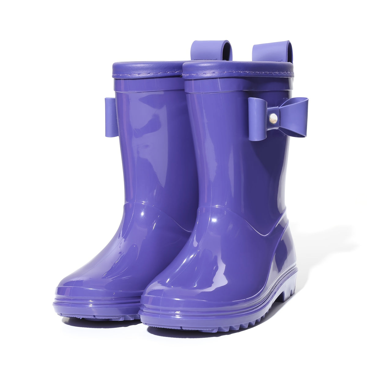 Girls Bow Rain Boots with Pull Tabs, Lightweight One-Piece Molded Toddler and Little Kid Boots in Pink, Burgundy, Dark Violet or Black for Rainy-Day Outings