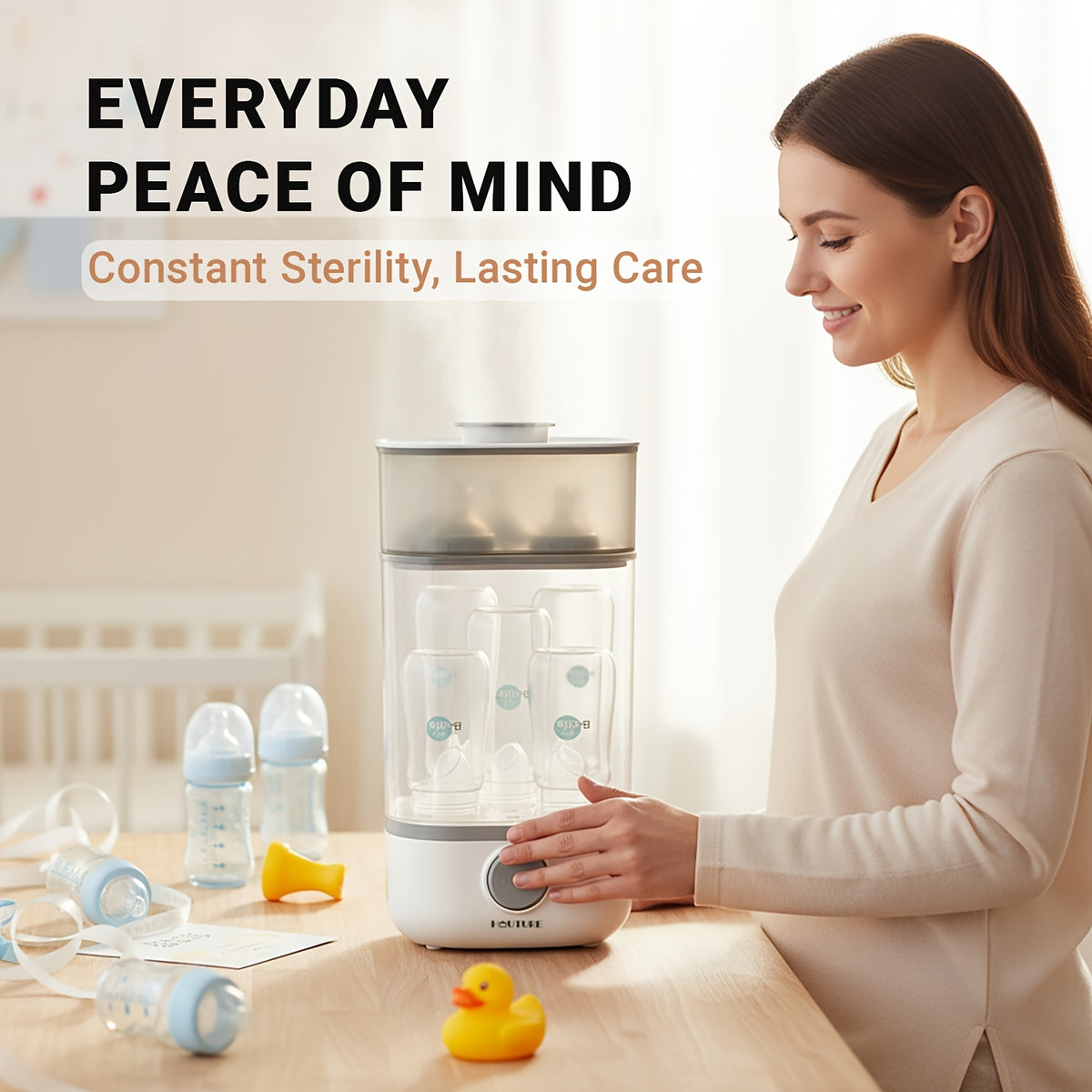 Baby Bottle Sterilizer and Dryer with One-Button Steam Operation, Countertop Feeding Accessory Organizer for Compatible Bottles and Pump Parts