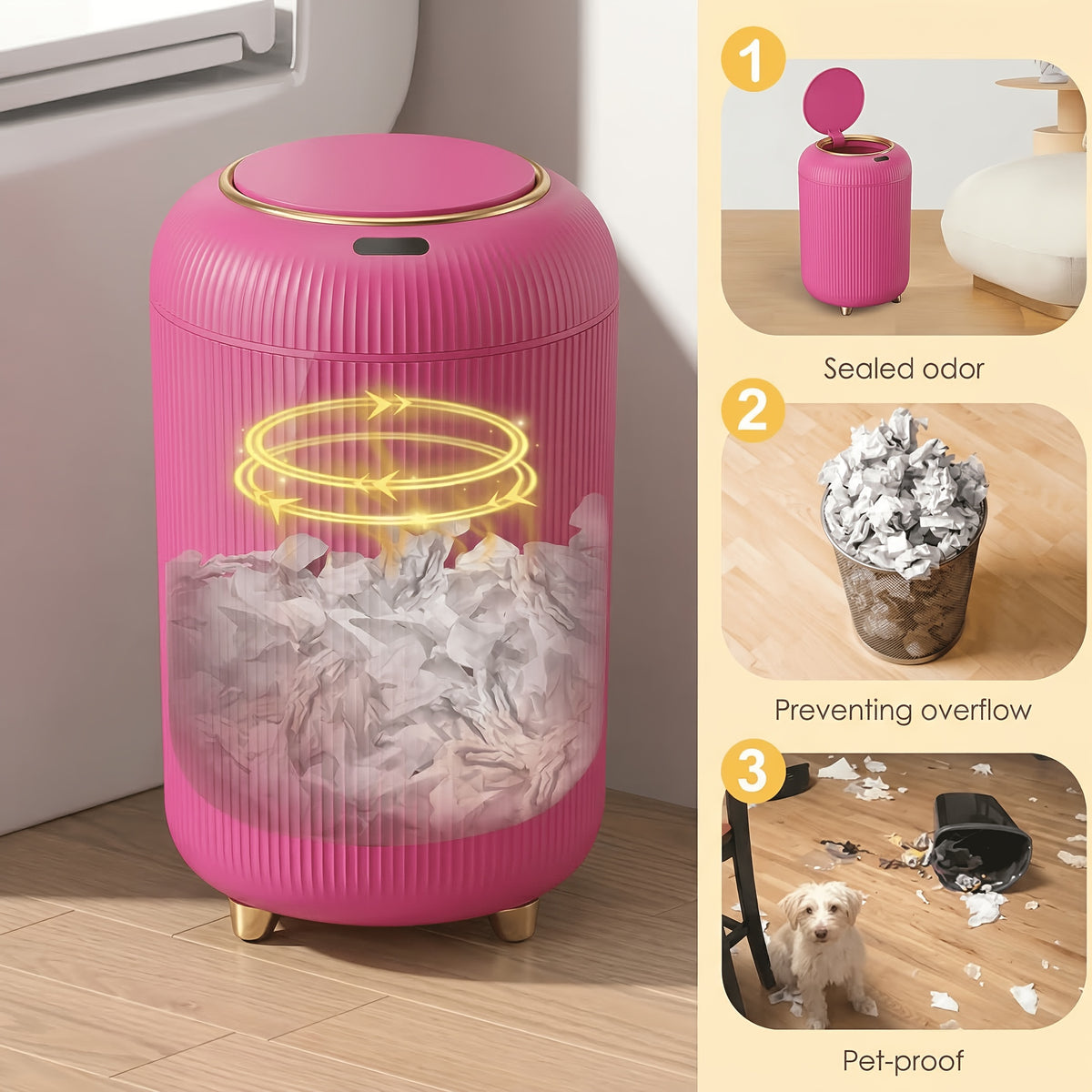 Automatic Touchless Trash Can with Sensor-Opening Lid and Odor-Containing Seal, Compact Waste Bin for Bathroom, Bedroom or Home Office