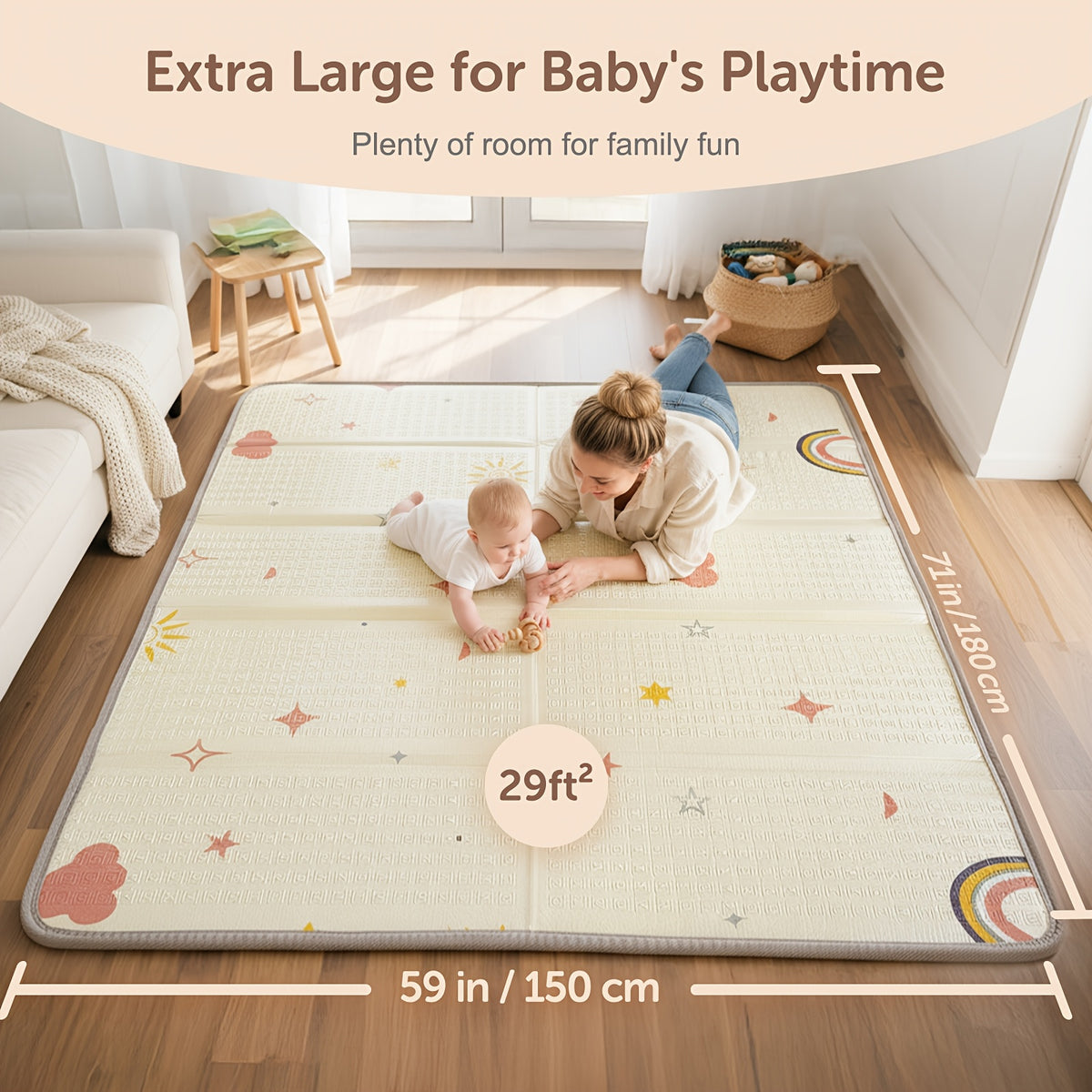 Reversible ABC Baby Play Mat with Rainbow Print, Foldable Waterproof Padded Foam Floor Mat in Three Sizes for Supervised Tummy Time and Toddler Play