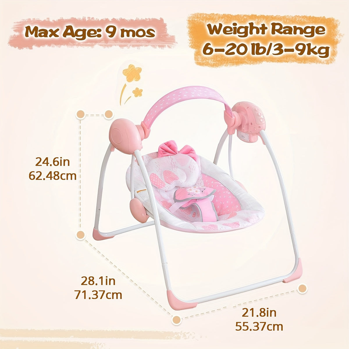 Infant Swing with Timer for Babies 0–6 Months, 6–20 lb, Portable Baby Swing for Indoor or Outdoor Use, with Multiple Color Options