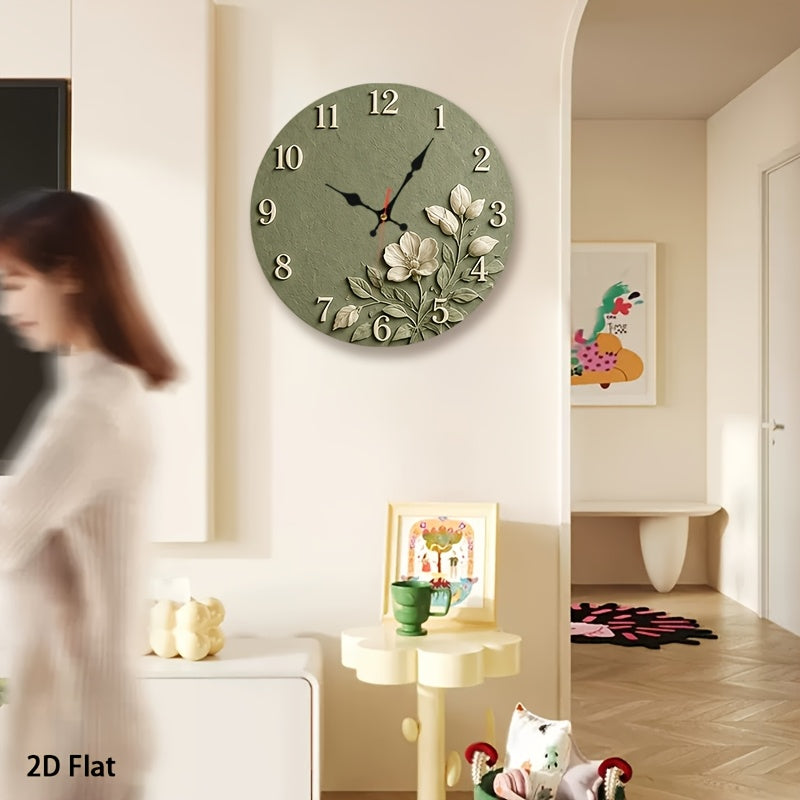Sage Green Floral Nursery Wall Clock, Silent Non-Ticking 12-Inch Round Battery-Powered Baby Room Decor for Bedroom, Playroom or Classroom