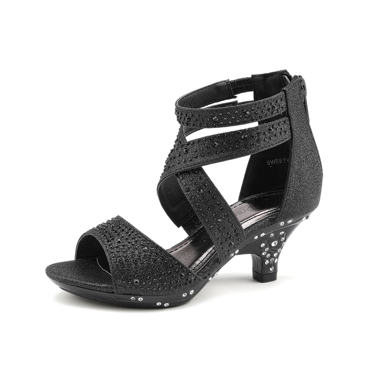 Girls Rhinestone Low Heel Sandals with Strappy Open Toe Design | Dress Shoes for Toddlers and Kids, Parties and Special Occasions